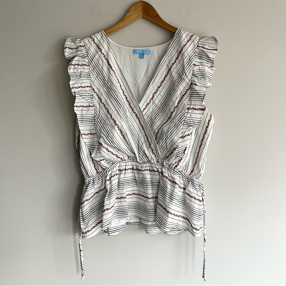 Draper James White and Black Striped Ruffle Floral Wrap Blouse Large